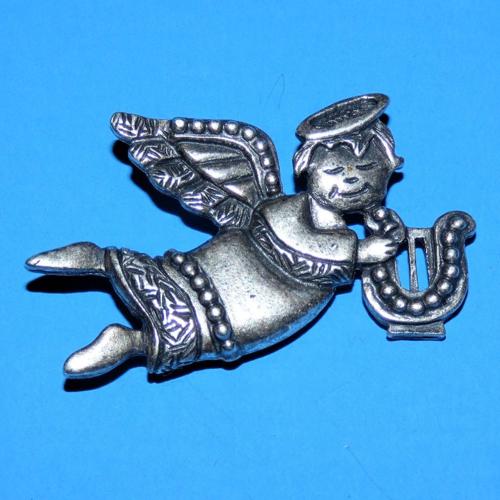 Vintage Signed NEWPRO Angel with Harp Brooch Pin Wings Halo Silver Tone